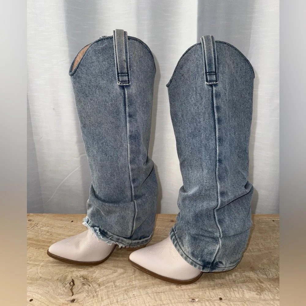 Steve Madden Lassy Denim Cowboy Boot Frayed Hem Western Festival | Size 5M - Picture 9 of 16